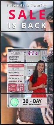 Parede de vídeo de 4 painéis, verticalmente longa, exibindo um anúncio, com uma imagem em vídeo de imagem