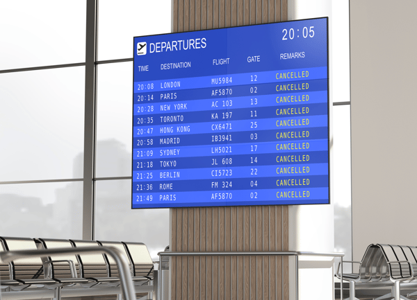 Quadro FID mostrando voos em telas no aeroporto