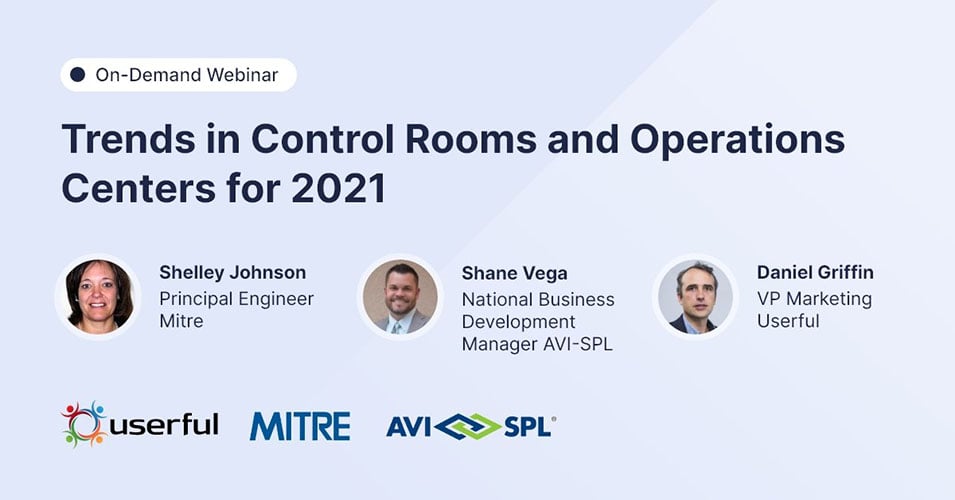 Webinar, Tendências em Salas de Controle e Centros de Operações para 2021, com palestrantes de Userful, Mitre, e AVI-SPL