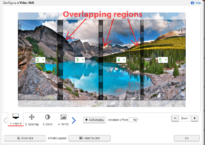 Sobreposição de regiões de uma foto destacada na interface do Configurador de parede de vídeo Userful
