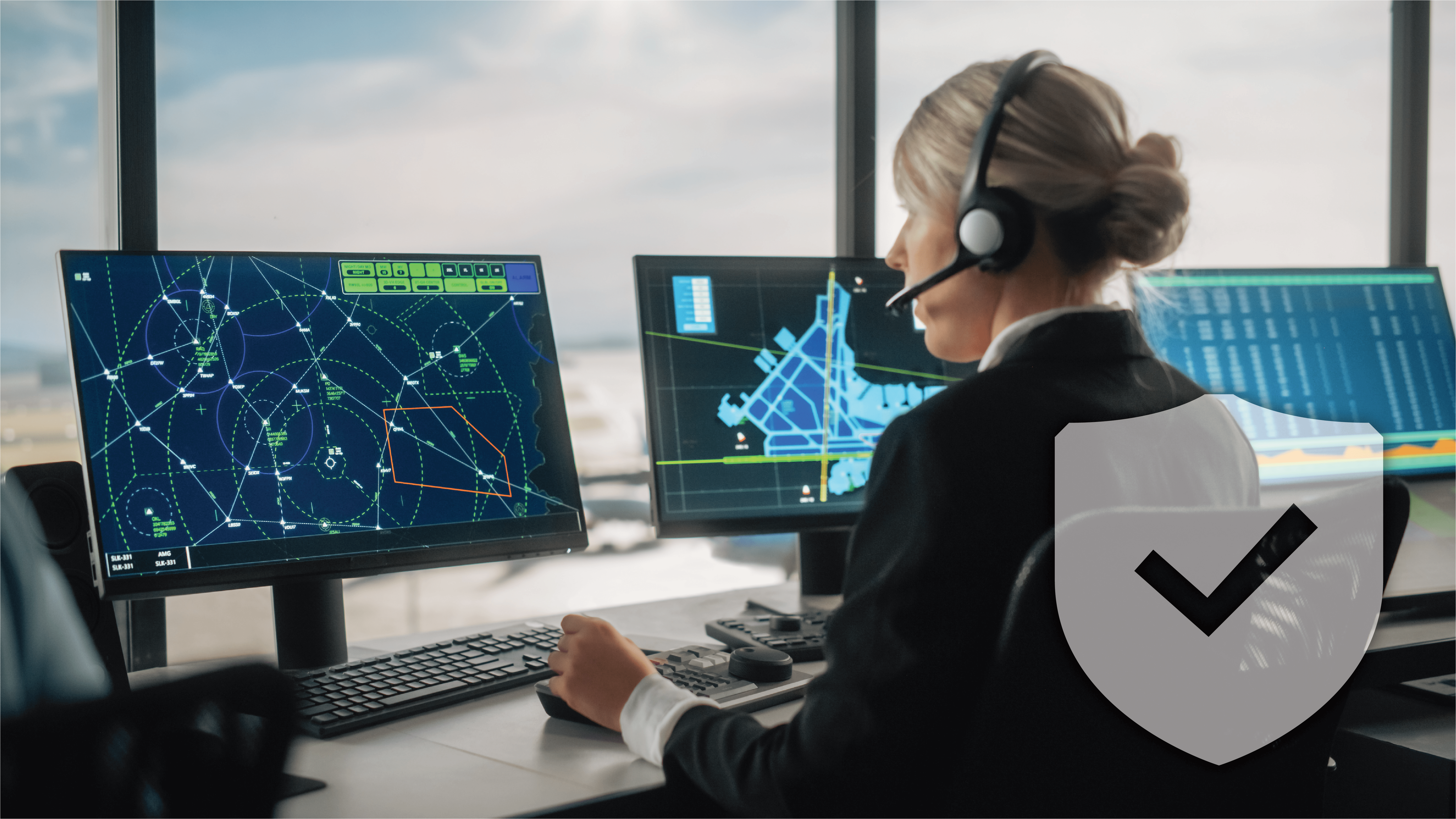 "Uma controladora de tráfego aéreo usando um fone de ouvido monitora várias telas de radar e layout de aeroporto em uma torre de controle. Ela está usando um joystick e um teclado, supervisionando as rotas de voo das aeronaves e as operações do aeroporto. Um ícone de escudo transparente com uma marca de verificação sobreposta simboliza a segurança e a confiabilidade do sistema."
