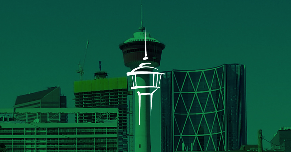 Torre Calgary com sobreposição verde e logotipo