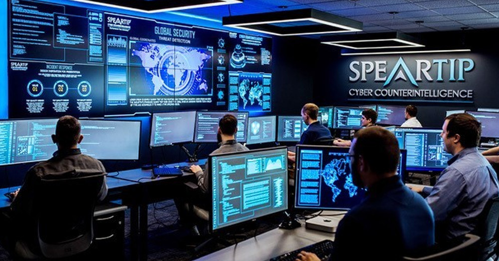Speartip Cyber Counterintelligence centro de operações de segurança com paredes de vídeo exibindo dados, e trabalhadores nas estações de trabalho