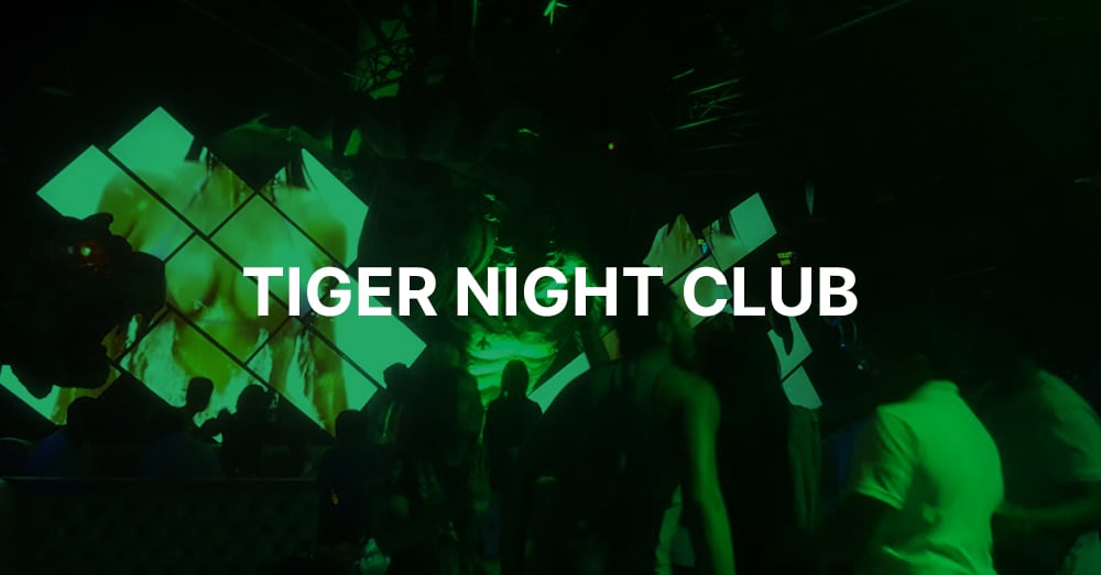 Parede de vídeo artístico no Tiger Night Club com sobreposição verde e nome do clube em texto branco