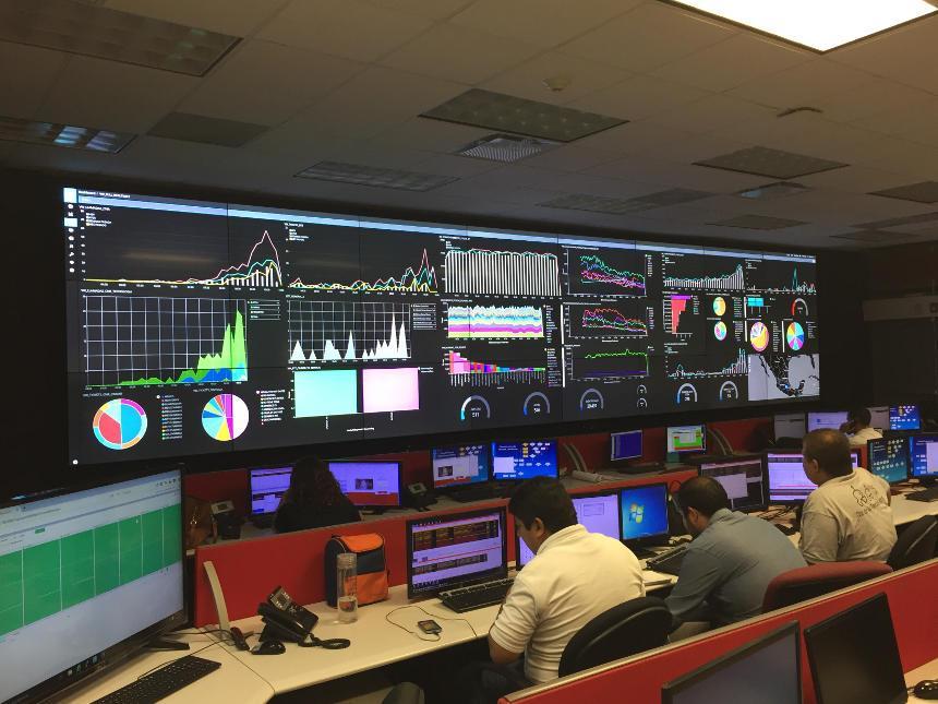 Pessoas sentadas em computadores com uma grande parede de vídeo exibindo várias métricas de dados em frente a eles. 