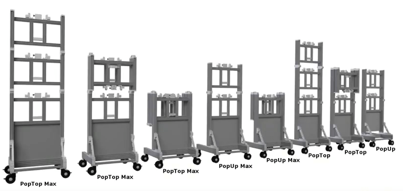 8 diferentes montagens modulares portáteis de vídeo, que incluem 3 PopTop Max, 2 PopUp Max, 2 PopTop, 1 PopUp