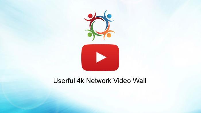 Logotipo do usuário e botão play, com texto na parte de baixo em preto, com a indicação Userful 4k Network Video Wall