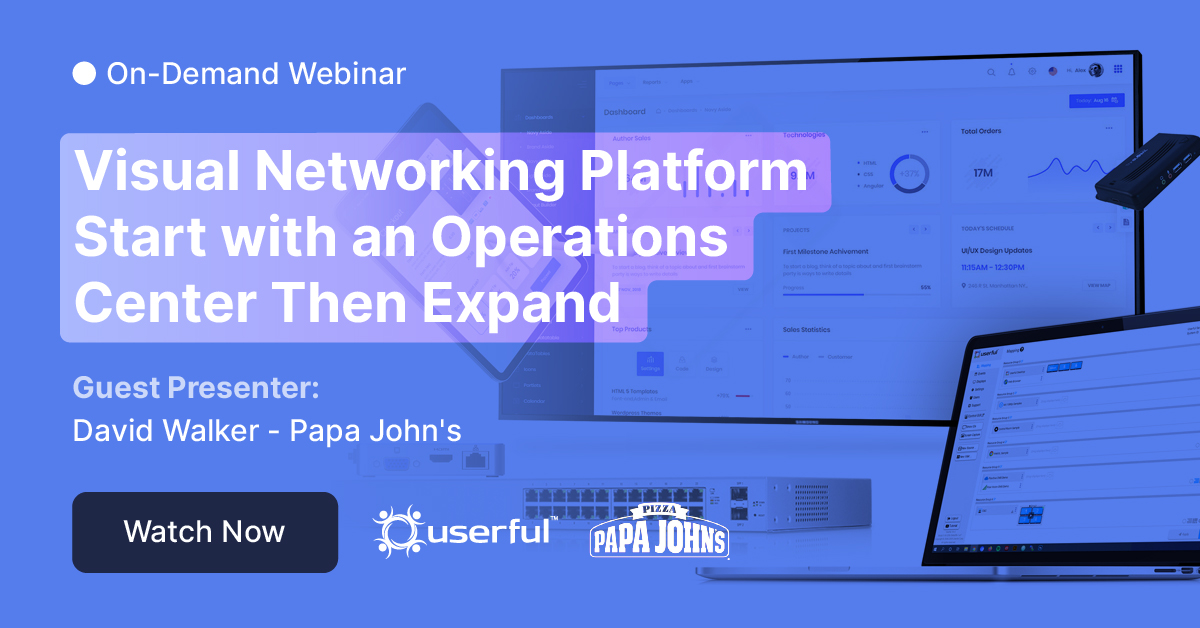 Webinar de usuário, Plataforma Visual Networking Start with an Operations Center Then Expand, apresentado por David Walker, do Papa John's