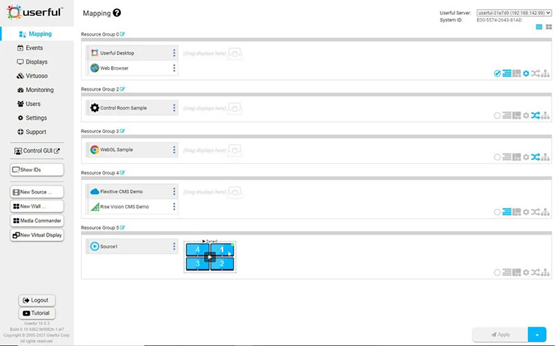 Interface de mapeamento do gerenciador de usuários, com diferentes grupos de recursos, incluindo um com uma parede de vídeo