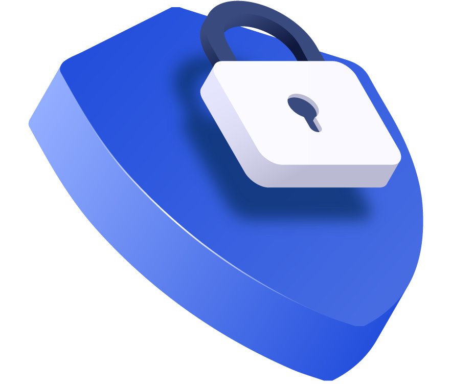 Tilted 3D blue shield, with a tilted 3D white lock security illustration